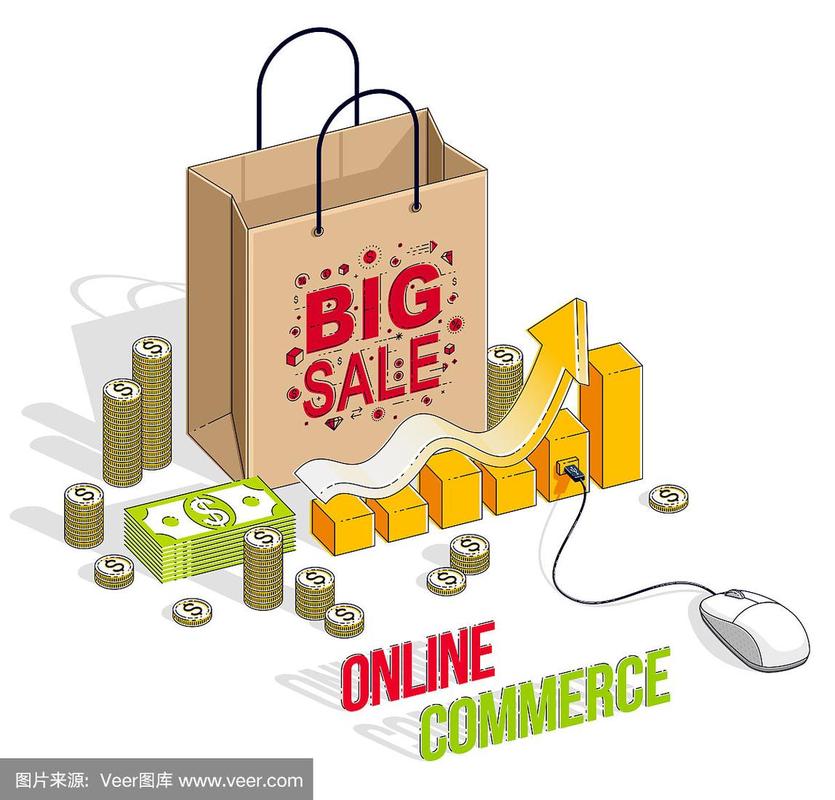 网上商店,网上销售,购物袋与电脑鼠标和现金堆栈和增长图表孤立